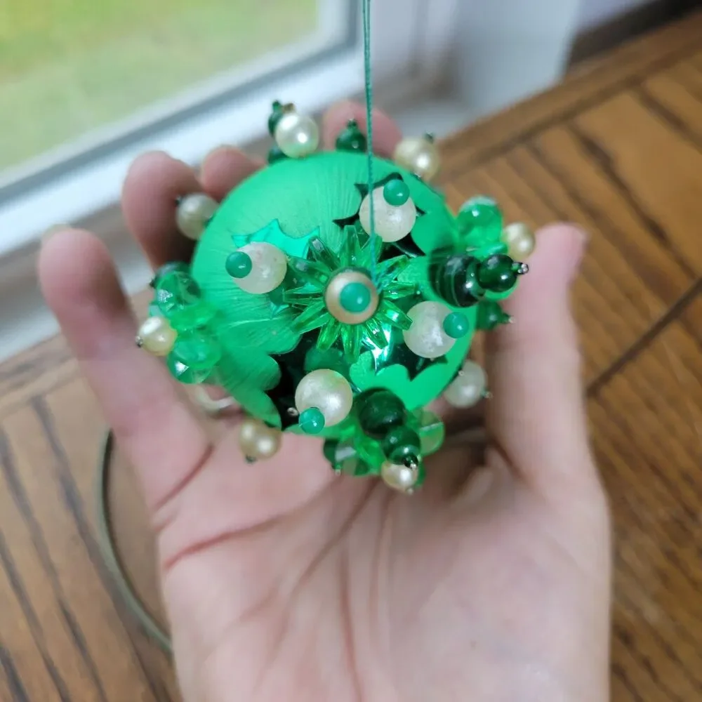 Vtg Ornate Easter Egg Handmade Beaded Push Pin Satin Basket Filler Green Egg